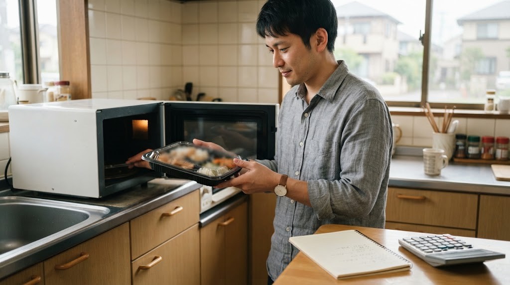 電子レンジから冷凍弁当を取り出す男性
