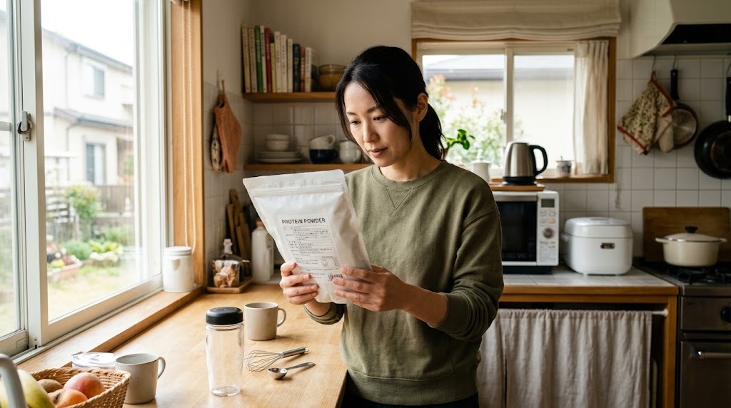 授乳中の女性がプロテインの原材料表示を確認している様子