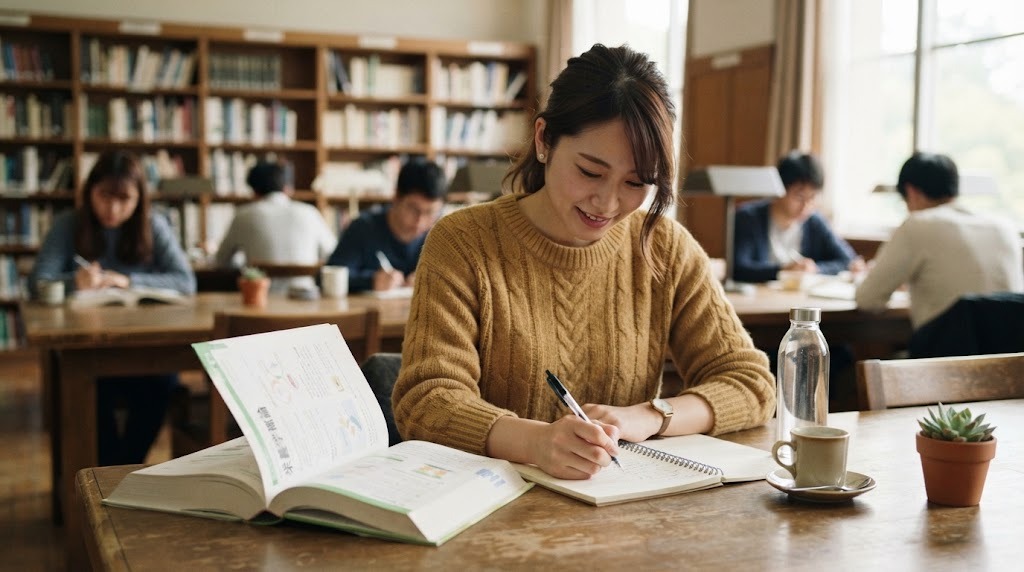 図書館で栄養学の本を読みノートを取る女性